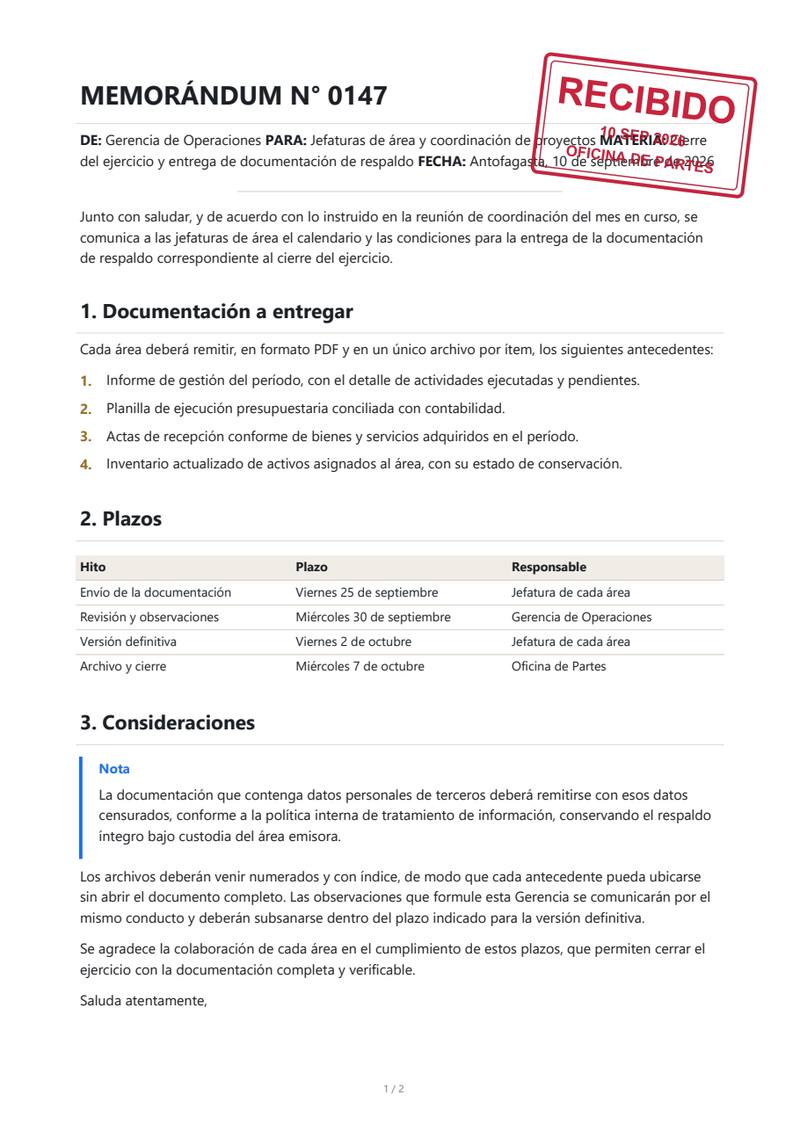 Página de un memorándum con un timbre rojo de RECIBIDO